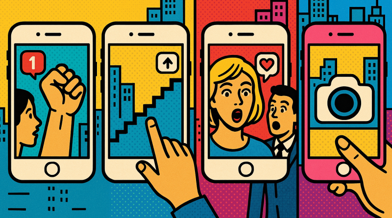 Illustration of iphone thumbnails side by side in a urban cityscapes setting, with a determined mood.
