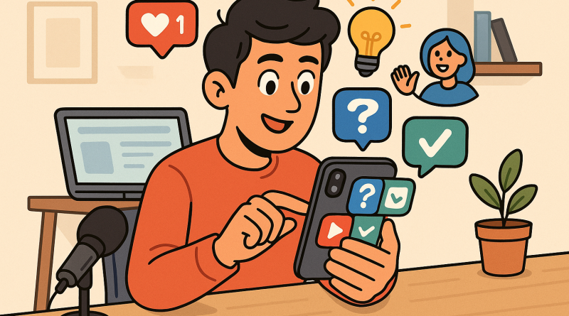 Illustration of user interacting with iphone in a minimal tech setups setting, with a creative mood.