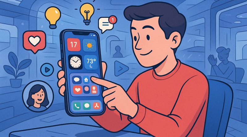 Illustration of user interacting with iphone in a futuristic tech spaces setting, with a creative mood.
