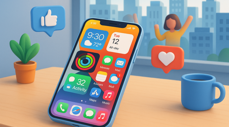 Illustration of iphone on desk in a urban cityscapes setting, with a happy mood.