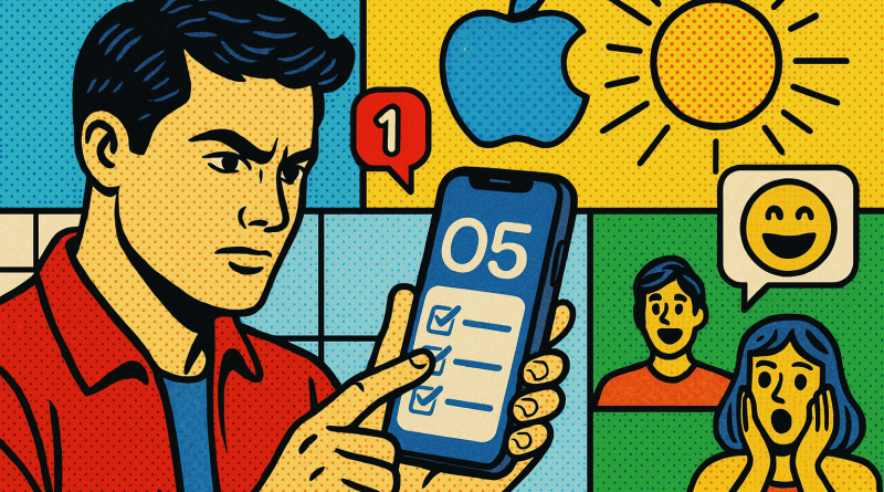 Illustration of user interacting with iphone in a bright daylight studios setting, with a determined mood.