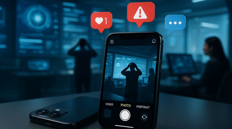 Illustration of iphone on desk in a futuristic tech spaces setting, with a determined mood.