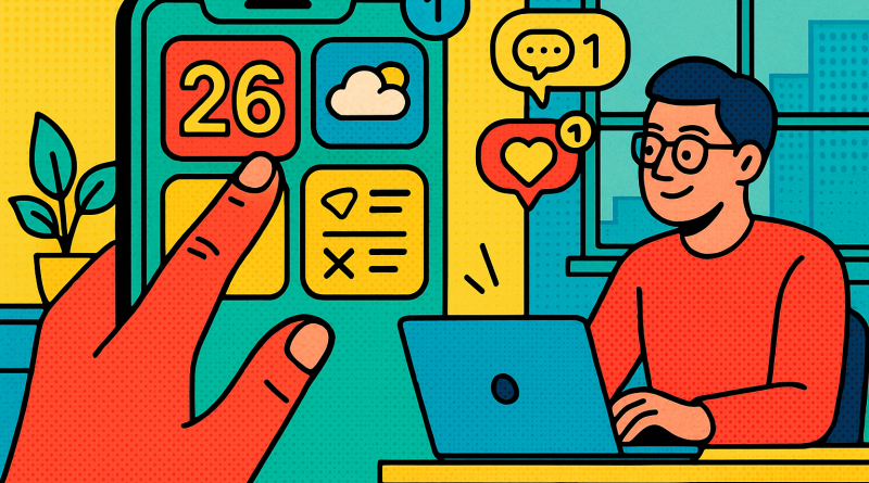 Illustration of finger tapping ios feature in a modern workspaces setting, with a relaxed mood.