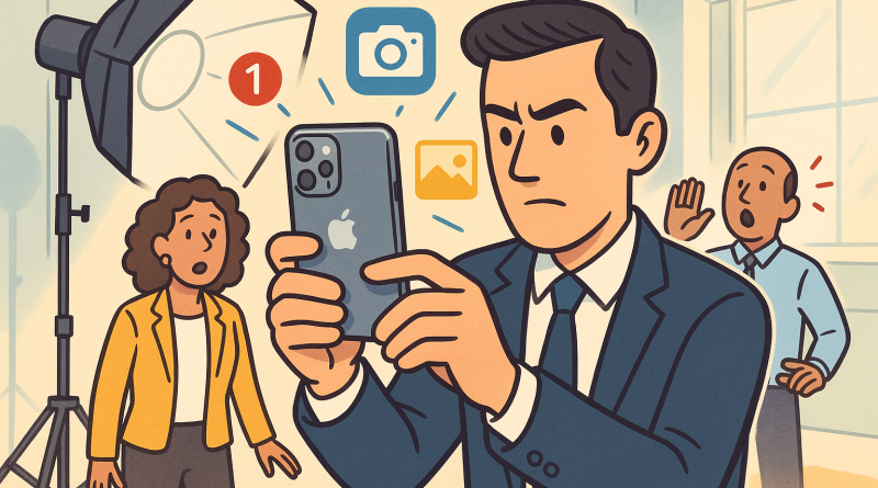 Illustration of person taking photo with iphone in a bright daylight studios setting, with a focused mood.