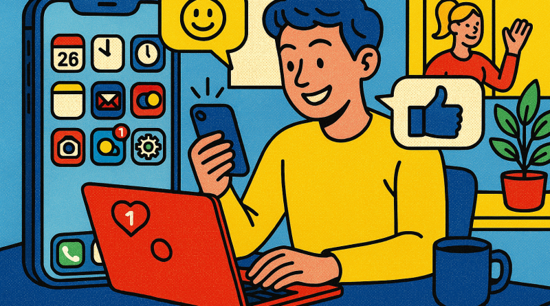 Illustration of ios 26 interface in a modern workspaces setting, with a happy mood.