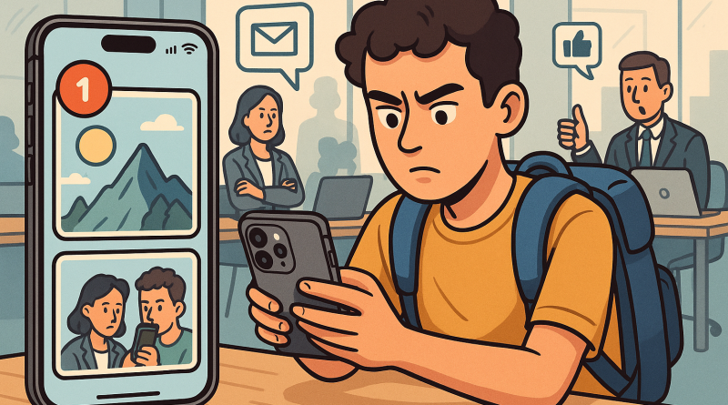 Illustration of iphone thumbnails side by side in a modern workspaces setting, with a focused mood.