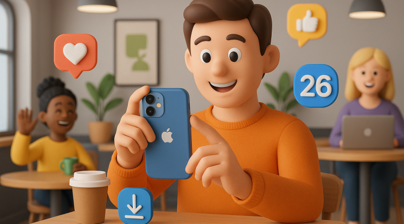 Illustration of person taking photo with iphone in a coffee shops setting, with a happy mood.
