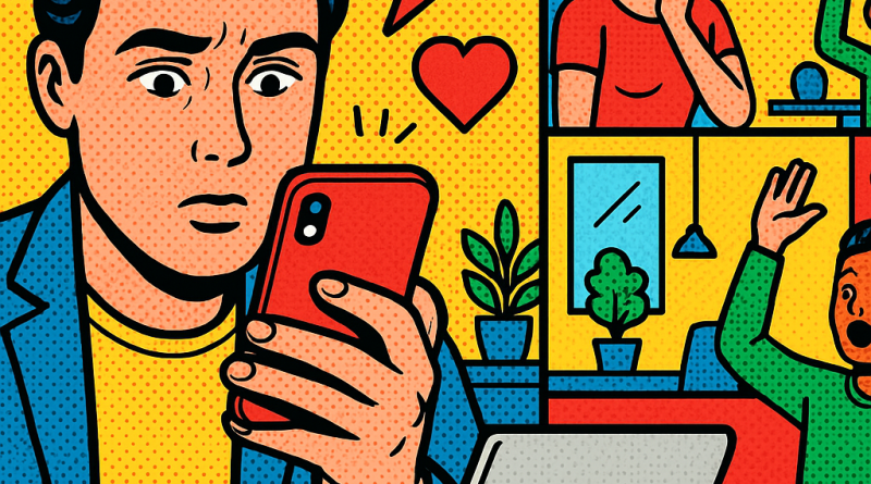 Illustration of face close-up using iphone in a modern workspaces setting, with a creative mood.