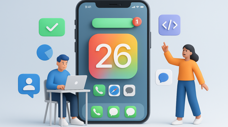 Illustration of ios 26 interface in a minimal tech setups setting, with a creative mood.