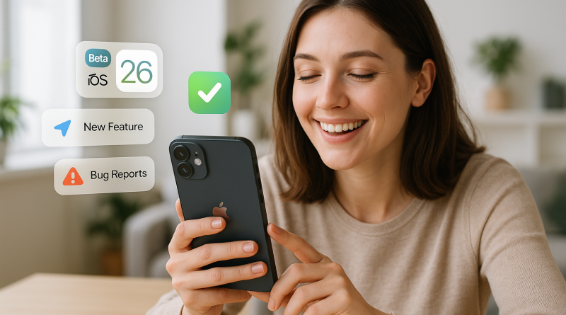 Illustration of ios 26 interface in a bright daylight studios setting, with a relaxed mood.
