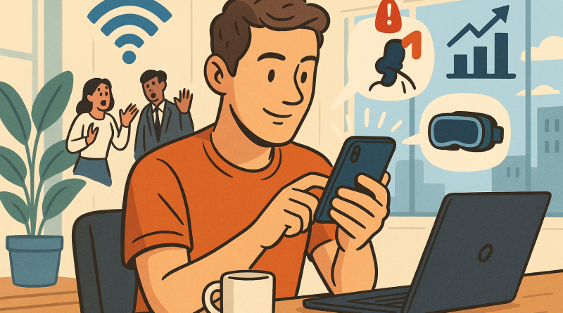 Illustration of user interacting with iphone in a bright daylight studios setting, with a focused mood.