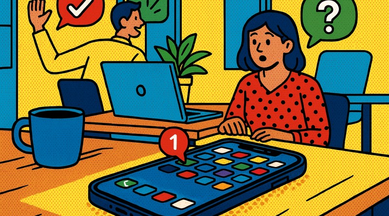 Illustration of iphone on desk in a modern workspaces setting, with a relaxed mood.