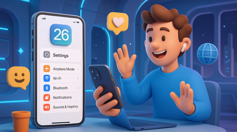 Illustration of ios settings screen in a futuristic tech spaces setting, with a happy mood.