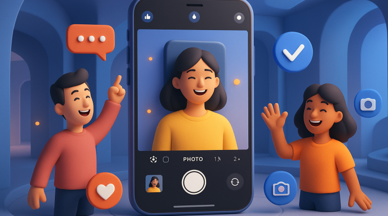 Illustration of app walkthrough on iphone in a futuristic tech spaces setting, with a happy mood.