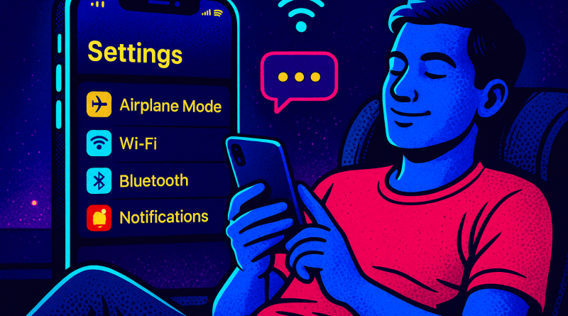 Illustration of ios settings screen in a nighttime with neon lighting setting, with a relaxed mood.