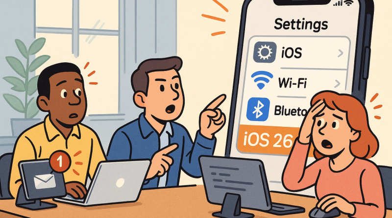 Illustration of ios settings screen in a modern workspaces setting, with a determined mood.