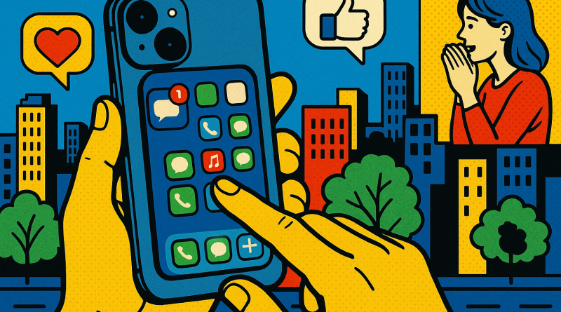 Illustration of finger tapping ios feature in a urban cityscapes setting, with a relaxed mood.