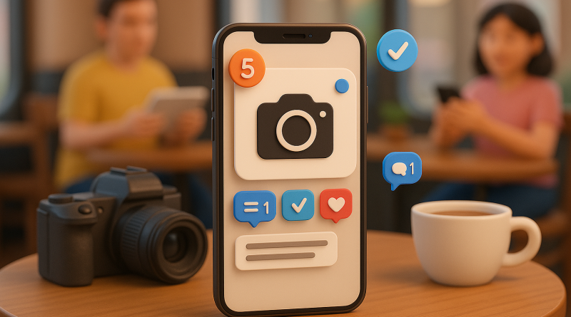 Illustration of iphone on desk in a coffee shops setting, with a focused mood.