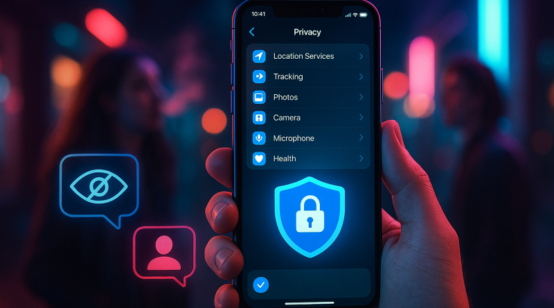 Illustration of iphone in hand in a nighttime with neon lighting setting, with a focused mood.