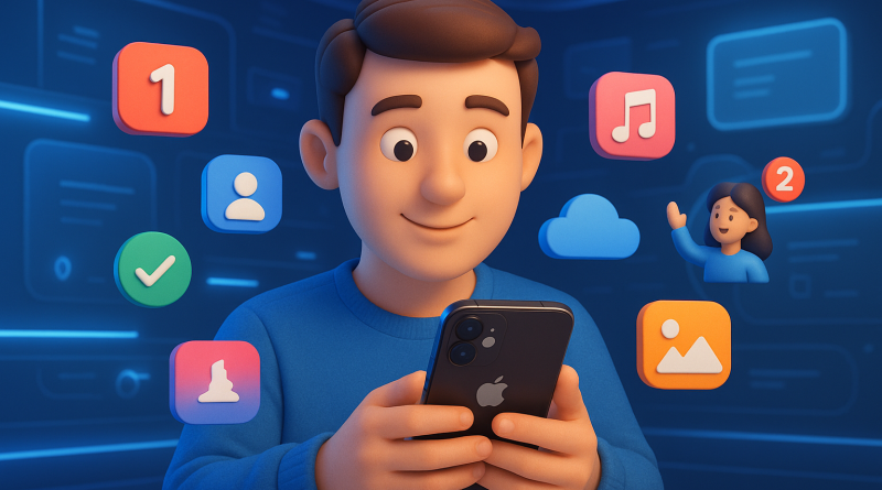 Illustration of face close-up using iphone in a futuristic tech spaces setting, with a creative mood.
