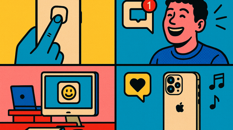 Illustration of finger tapping ios feature in a minimal tech setups setting, with a happy mood.