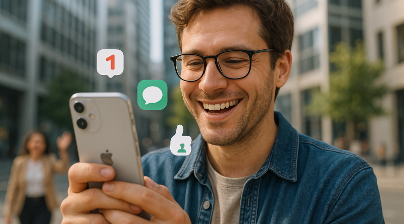 Illustration of face close-up using iphone in a urban cityscapes setting, with a happy mood.