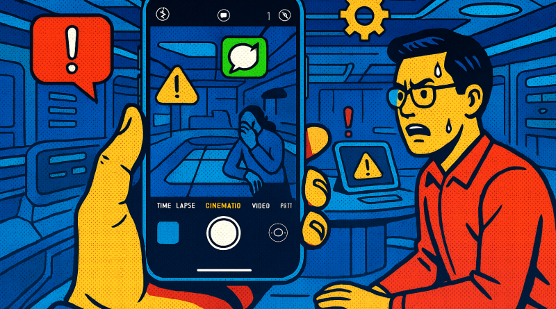 Illustration of ios 26 interface in a futuristic tech spaces setting, with a determined mood.