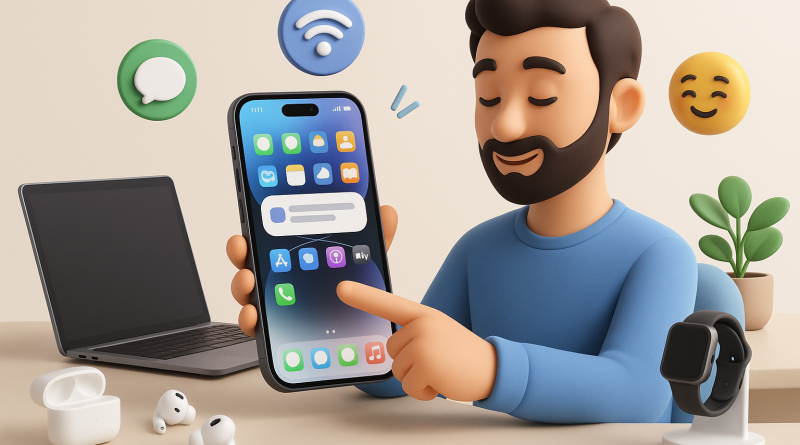 Illustration of finger tapping ios feature in a minimal tech setups setting, with a relaxed mood.