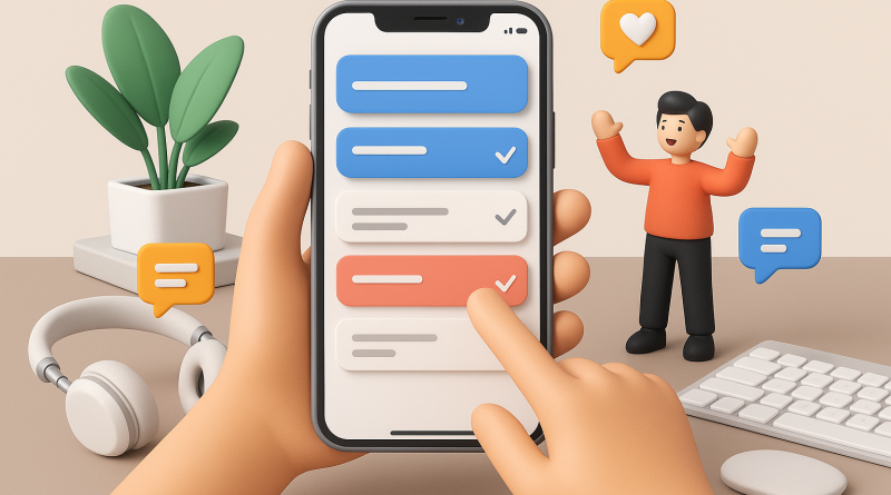 Illustration of app walkthrough on iphone in a minimal tech setups setting, with a creative mood.
