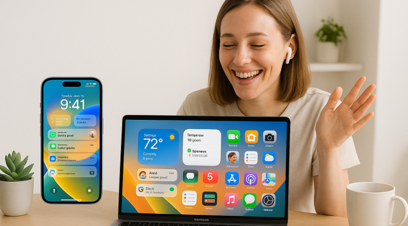 Illustration of ios 26 interface in a minimal tech setups setting, with a happy mood.