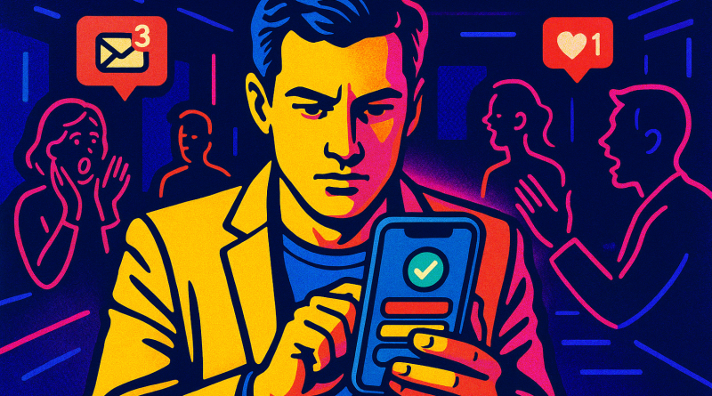 Illustration of app walkthrough on iphone in a nighttime with neon lighting setting, with a focused mood.