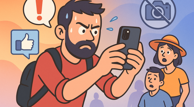Illustration of person taking photo with iphone in a abstract digital gradients setting, with a determined mood.