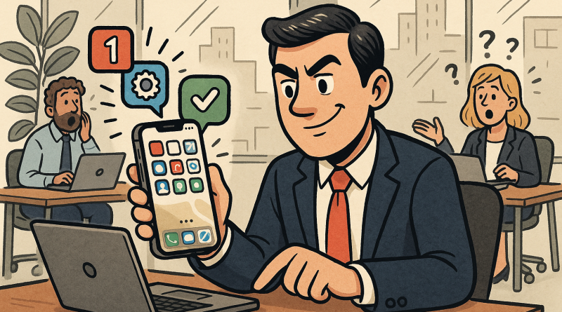Illustration of user interacting with iphone in a modern workspaces setting, with a determined mood.