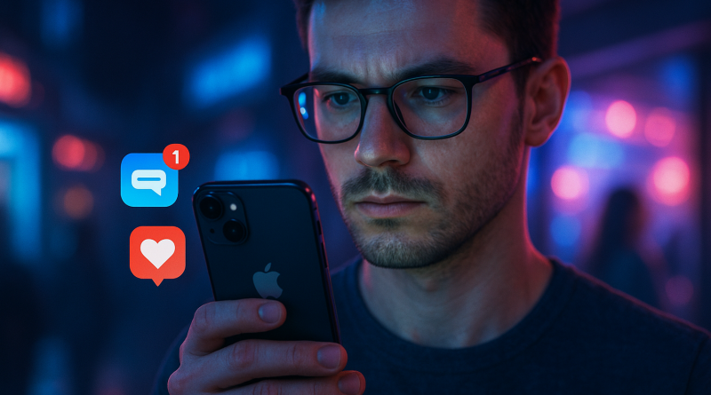 Illustration of face close-up using iphone in a nighttime with neon lighting setting, with a focused mood.