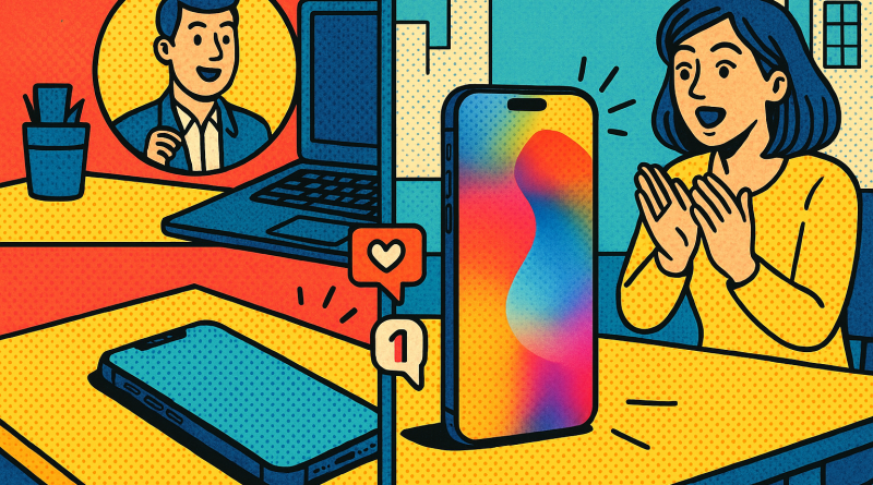 Illustration of iphone on desk in a modern workspaces setting, with a inspired mood.
