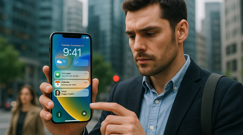 Illustration of ios 26 interface in a urban cityscapes setting, with a focused mood.