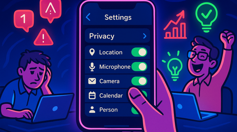 Illustration of ios settings screen in a nighttime with neon lighting setting, with a creative mood.