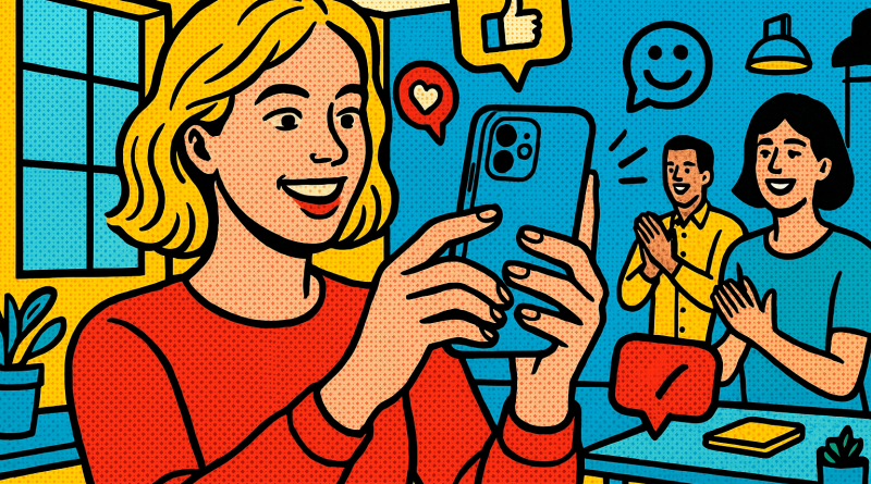 Illustration of person taking photo with iphone in a bright daylight studios setting, with a happy mood.