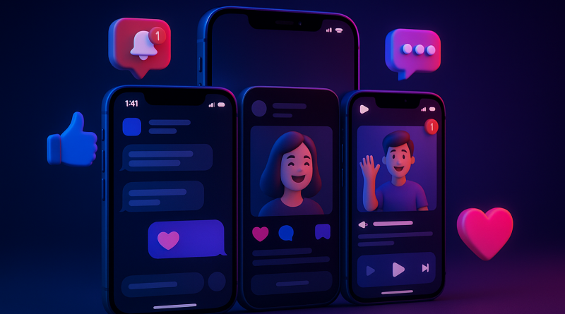 Illustration of iphone thumbnails side by side in a nighttime with neon lighting setting, with a happy mood.